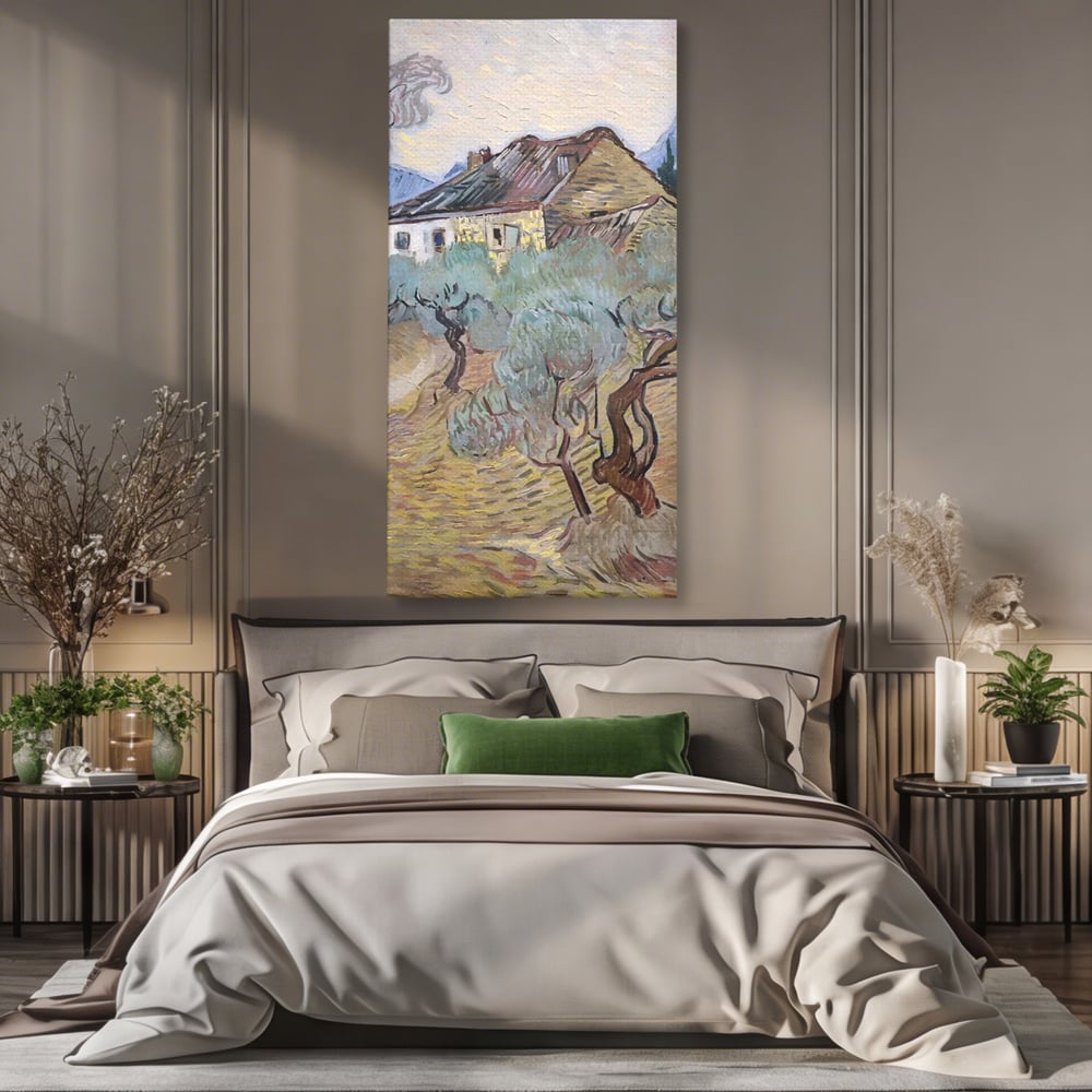 Tablou canvas cu pictura cu maslini si casa rurala, fara rama, pe sasiu de lemn, pe perete intr-un dormitor
